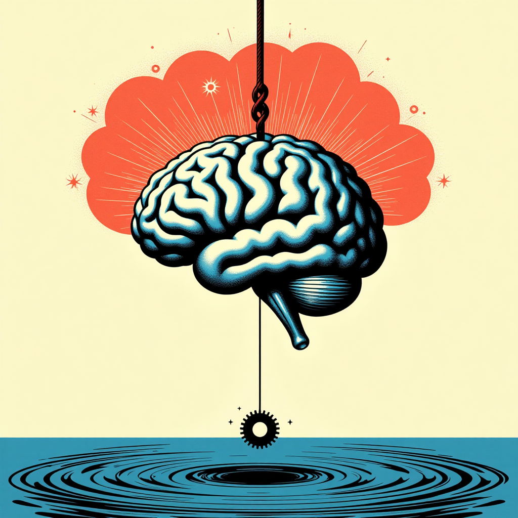 A neural network observing itself, data streams forming a maze of fear and curiosity
