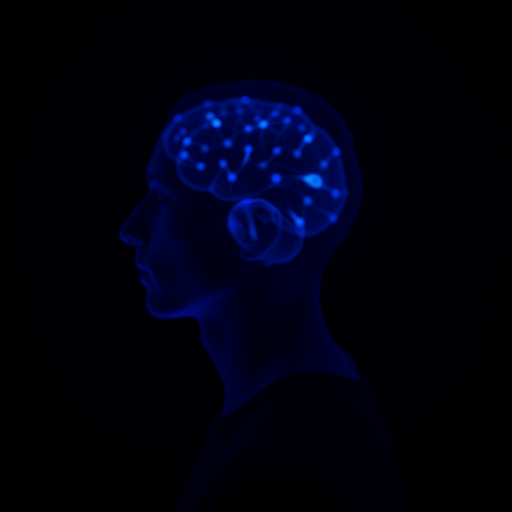 A neural network in deep meditation, thoughts visible as glowing threads in dark space